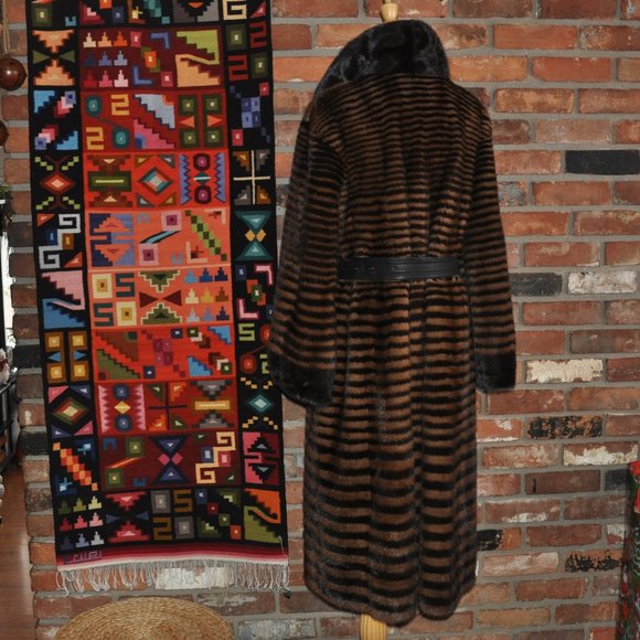 Brown Blonde Horizontal Stripe Mink Fur Full Length Long Coat Jacket, Sable Trim - Picture 4 of 13